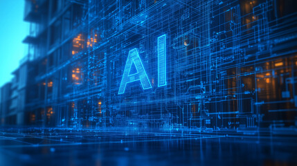Write "AI" in a blueprint font on a background of technical drawings and schematics