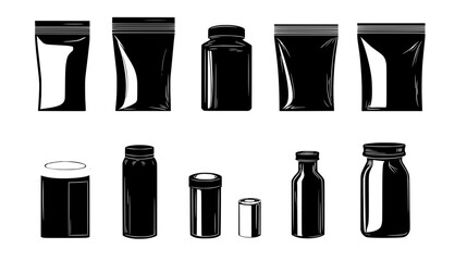 Packaging types such as pouches, rectangular boxes, and cylindrical containers for confectionery items, vector illustration art