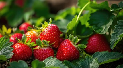 Close-up of ripe strawberries in a garden bed, their vibrant red color and green leaves creating a mouth-watering scene.