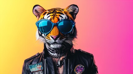 Fototapeta premium Vibrant Surreal Tiger Portrait: Edgy Humanoid Character in Trendy Fashion - Perfect as a Sporty Poster for Creative Spaces!
