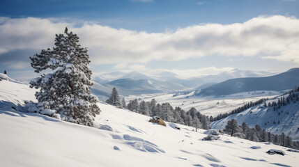 A snowy mountain range with a lone pine tree in the foreground