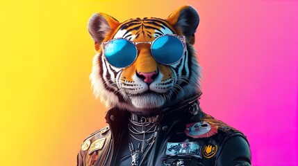 Fototapeta premium Vibrant Surreal Tiger Portrait: Edgy Humanoid Character in Trendy Fashion - Perfect as a Sporty Poster for Creative Spaces!