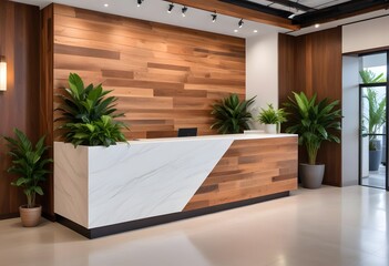 A modern reception desk with a wooden wall behind it, featuring decorative lighting fixtures and a potted plant