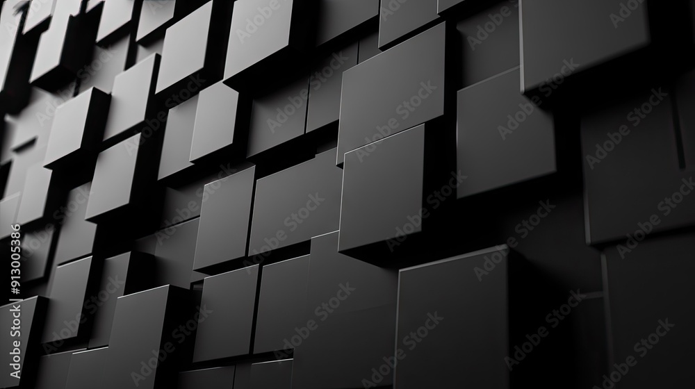 Poster black background with 3d geometric blocks creating an abstract formation.3