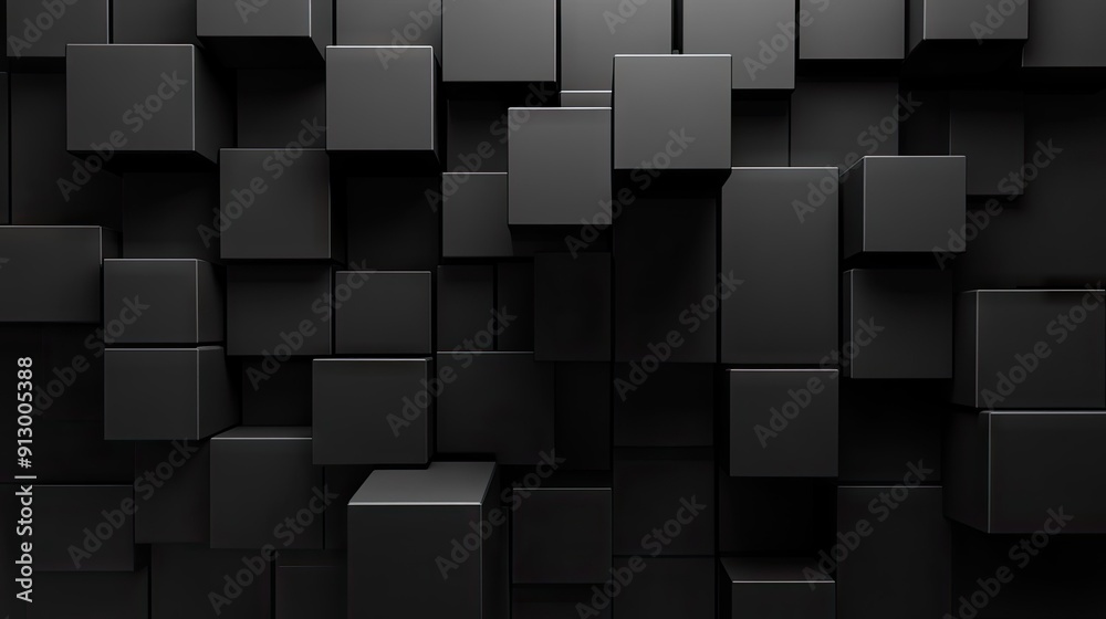 Poster black background with 3d geometric blocks creating an abstract formation.3