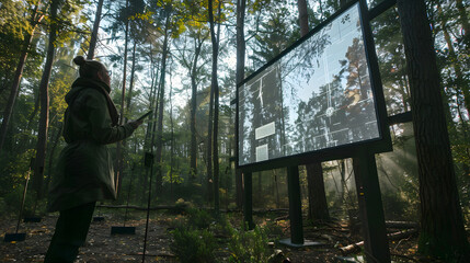 A pioneering environmentalist presents climate data on a large outdoor screen in a nature reserve. 