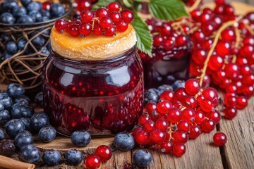 Homemade berry jam in glass jar with fresh berries on rustic table