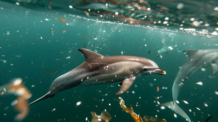 A pod of dolphins playing in sparkling and sunlit waters. The silent menace of drifting plastic waste. 