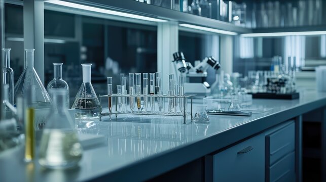 Clean lab with empty test tubes and various chemical laboratory instruments on the counter. Research-ready.