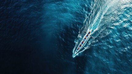 Aerial drone top ultra wide panoramic view of sport canoe rowing synchronous team of athletes competing in deep blue sea