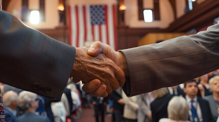 A politician and constituent shaking hands at a town hall meeting 