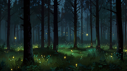 Forest at dusk with fireflies glowing and a sense of calm
