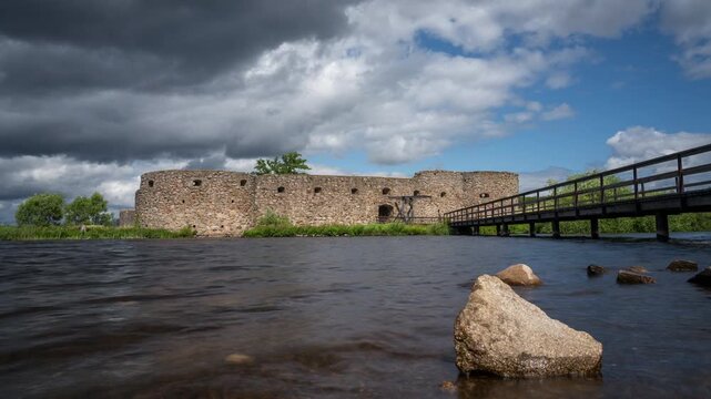 Time lapse of the Kronoberg Castle Ruin located on an island in Helga Lake north of Vaxjo in Sweden