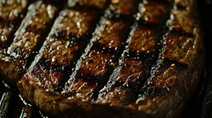 Close-up of a juicy seared steak with grill marks, showcasing the deliciously caramelized exterior.