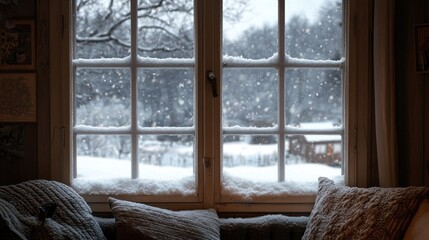 Cozy window with a view of a snow-covered landscape, creating a serene and wintry scene.
