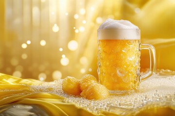 Golden beer mug with frothy head on yellow background