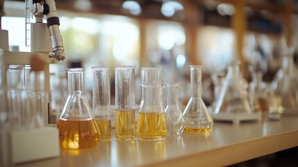 Close-up of empty laboratory test tubes and chemical equipment on a clean workbench. Ideal for research themes.