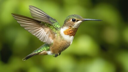 Obraz premium Close-up shot of a hummingbird in mid-flight, highlighting its delicate features in Chile wild environment.