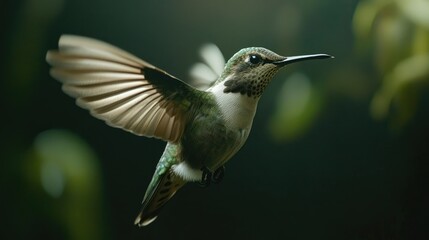 Fototapeta premium Close-up shot of a hummingbird in mid-flight, highlighting its delicate features in Chile wild environment.