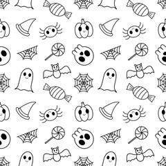 Repeating raster pattern with outlines of Halloween elements and characters on a white background