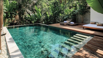 Crystal-clear pool with stairs and a polished wooden deck, ideal for relaxation.