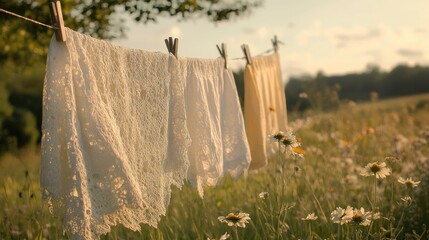 Delicate lace curtains and linens fluttering on a clothesline, with a dreamy field and wildflowers in the background.