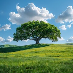 Fototapeta premium Lone tree in a field of green grass, Nature background