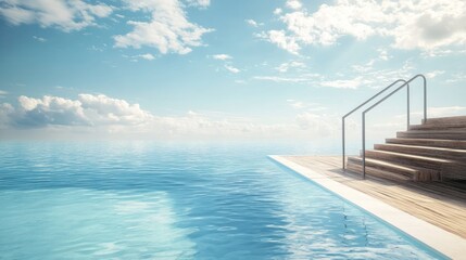 Fototapeta premium Elegant swimming pool with stairs and a wooden deck, under a blue sky.