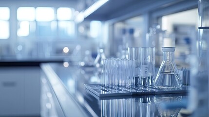 Empty test tubes and laboratory equipment on a sterile lab counter, ready for scientific research.