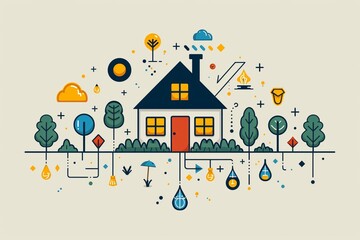 Fototapeta premium Simple house with renewable energy and water conservation symbols minimalistic flat green background style space for text
