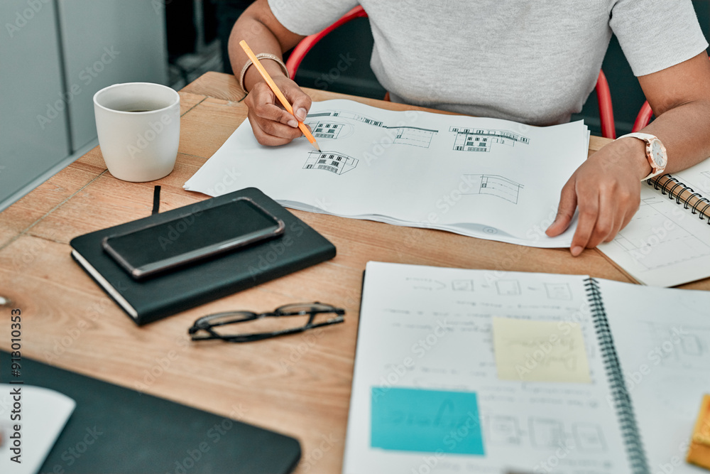Poster notes, architecture and hands of woman at desk with planning, project management and creative develo