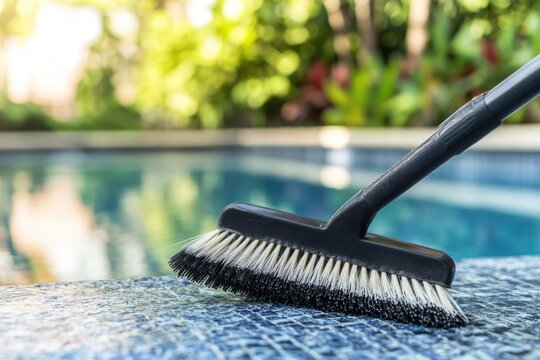 Clean swimming pool with pool brush