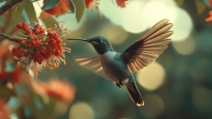 Fototapeta premium Extreme close-up of a hummingbird delicate wings in motion, set against the flora of Chile.