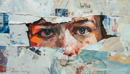 Who are you?" peeking through torn paper, creating an air mystery and introspection