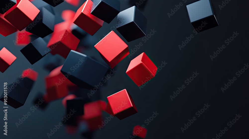 Poster geometric blocks in 3d render floating on a black background. abstract and futuristic.