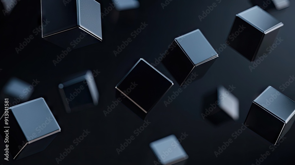 Poster geometric blocks in 3d render floating on a black background. abstract and futuristic.