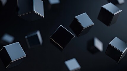 Geometric blocks in 3D render floating on a black background. Abstract and futuristic.