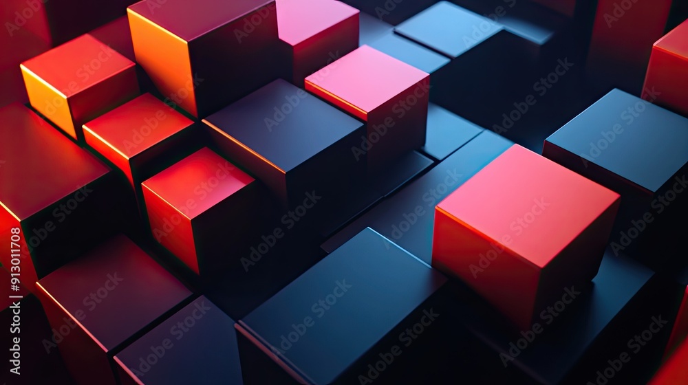 Poster geometric blocks in 3d render on a dark background. abstract and futuristic design.