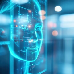 Futuristic digital face with glowing lines, representing advanced technology and artificial intelligence in a modern setting.
