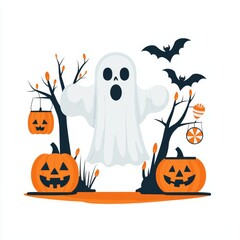 Ghost at a Halloween carnival, fun and spooky, flat design clipart style, isolated on white background