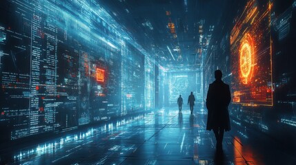 Fototapeta premium A high-tech corridor with illuminated digital displays and silhouettes of people walking.
