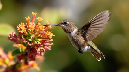Fototapeta premium Hummingbird feeding on nectar, extreme close-up capturing its delicate features in the wild of Chile.