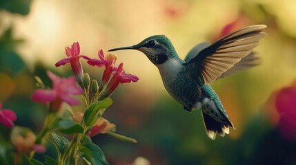 Fototapeta premium Hummingbird feeding on nectar, extreme close-up capturing its delicate features in the wild of Chile.
