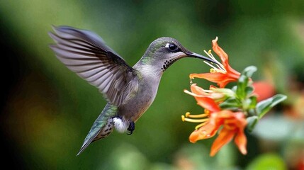 Fototapeta premium Hummingbird feeding on nectar, extreme close-up capturing its delicate features in the wild of Chile.