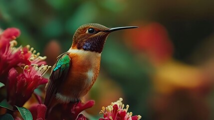 Hummingbird in the wild, extreme close-up capturing its delicate features against Chile floral backdrop.