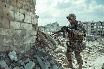 Fototapeta premium Soldier in tactical gear standing near ruined wall