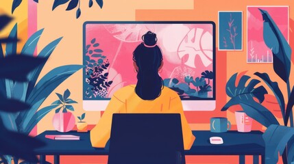 Woman Working at Home with Tropical Plants