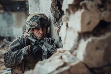 Fototapeta premium Cautious soldier on lookout among war debris ruins