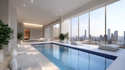 Indoor pool area with chic decor, overlooking the vibrant city through expansive glass walls.