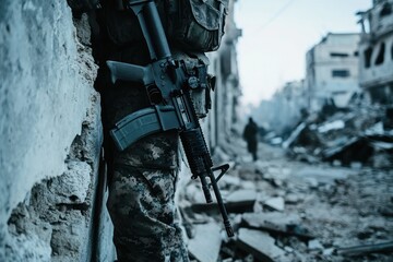 Soldier with rifle in deserted war-torn street.